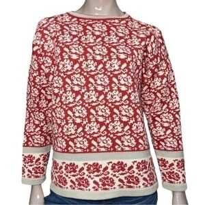 Erica Wilson Women’s Size M Red White Floral Printed Knit Pullover Sweater